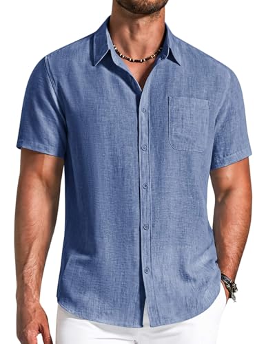 COOFANDY Mens Button Down Shirts Short Sleeve Casual Shirt Summer Beach Textured Shirts Denim Blue