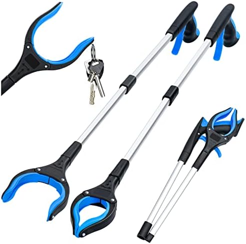 2-Pack Grabber Reacher Tool,32 Inch Extra Long Foldable Pick Up Stick with Strong Grip Magnetic,360°Rotating Anti-Slip Jaw,Trash Claw Grabber Tool,Trash Picker Tool for Outdoor & Indoor (Blue)