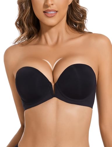 Upushall Strapless Bra Push Up Non Slip Deep V Plunge Underwire Bras for Women Super Padded Add 1 Cup Black 34B
