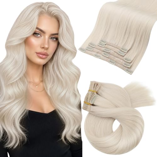 Moresoo Lightest Blonde Clip in Hair Extensions Light Weigh 16 inch