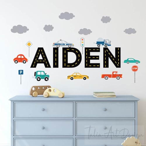Vinilo decorativo personalizado con vehículos de construcción y autos miniatura 4