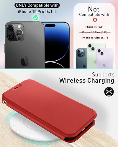 OCASE for iPhone 15 Pro Wallet Case, Slim PU Leather Flip Folio, Card Slots, RFID Blocking, Kickstand, Shockproof Phone Cover 6.1 Inch 2023, Red