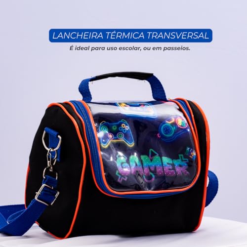 Kit Mochila de Rodinha Escolar Gamer Infantil Masculino + Lancheira Transversal + Estojo Duplo Menin