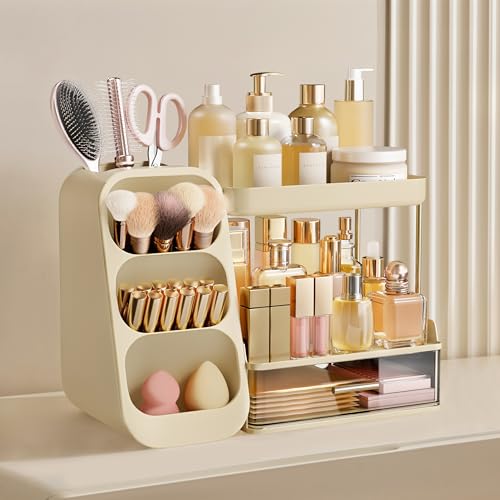Image of HBlife Bathroom Organizers and Storage with Brush Holder for Vanity, 3 Tier Plastic Makeup Organizer for Dresser Counter, Skincare, Lipstick, Perfume, and Cosmetic Storage, Beige
