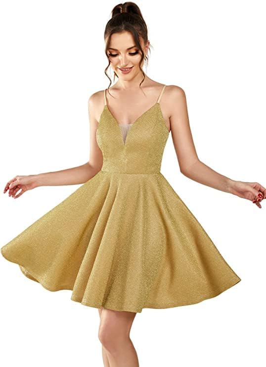 Sparkle V Neck Short Homecoming Dresses Sleeveless Spaghetti Straps A-Line Mini Prom Dress Cocktail Dress R040