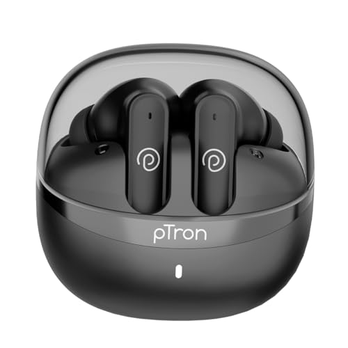 Image of pTron Bassbuds Indie In-Ear TWS Earbuds w / 10mm Drivers, 45Hrs Playtime, Dual HD Mic & AI-ENC Calls, Custom EQ, Mobile App, Bluetooth V5.4 Earphones, Voice Assistant, Type C Charging & IPX5(Jet Black)