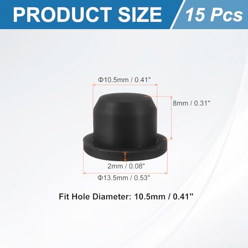 Image of uxcell 15Pcs Silicone Hole Plug, Waterproof Solid T-Shaped Rubber Stoppers Bottle Seal Tube Pipe Plug End Cap for 10.5mm /0.41 inch Hole for Bathtub Bottle, 0.35 inch Plug Height, Black