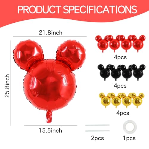 Vuzvuv 12pcs 24 Inches Mouse Head Foil Balloons, Black Red Gold Mouse Shaped Balloon for Birthday Party, Baby Shower,Theme Party Decoration,Graduation Party Supplies - Image 4