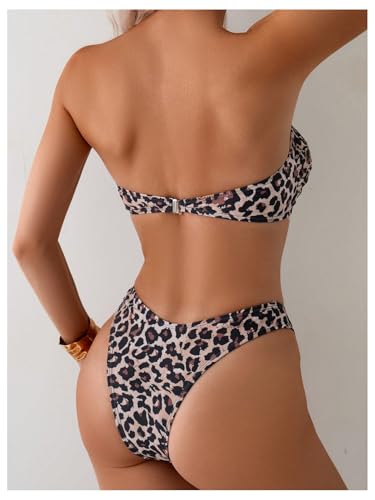 GORGLITTER Women's Leopard Cheetah Swimsuit Strapless Bandeau High Cut Thong Bikini Set Bathing Suit2