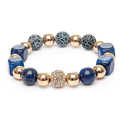 Zebredellas A54 Unique Lapis Lazuli Agate Gemstones Gold Pave Crystal Hematine Beaded Elastic Stretch Bracelet Zodiac Taurus Sagittarius Gemini Virgo Birthstone December 7th 9th Wedding Anniversary Cover