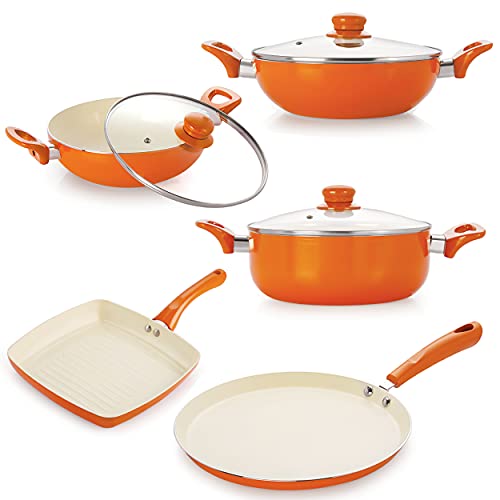 Image of NIRLON 4 Layer Ceramic Non-Stick Induction Cookware 8 Pieces Combo Set (Dosa Tawa, 2 Deep Kadhai 2 Liter & 3 Liter, Grill Pan, Deep Casserole 3.6 Liter) Orange Colour