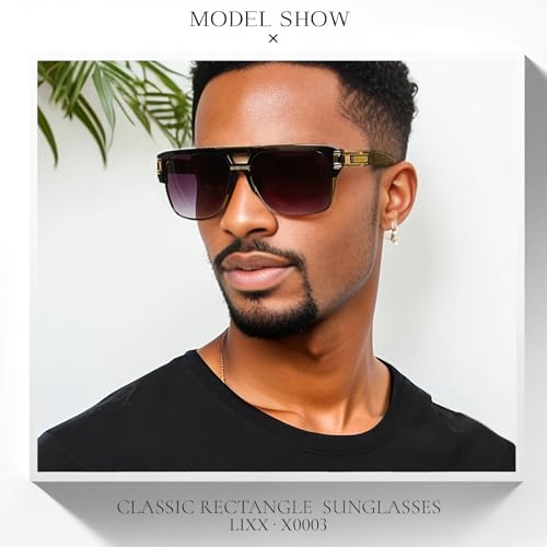 LIXX Retro Pilot Sunglasses Gold Metal Accents, Flat-Topped Double Bridge, Rectangular Frame, UV400 Protection, Modern Chic3