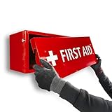 MegaMaxx UK Wall Mounted First Aid Supplies Cabinet – Red Steel Box with White Cut-Out Text – Large First Aid Storage Solution – 540mm Wide – UK Made