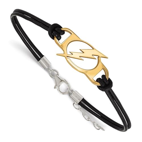 Sterling Silver 14k Yellow Gold Plated & Leather NHL Tampa Bay Lightning Adjustable Bracelet