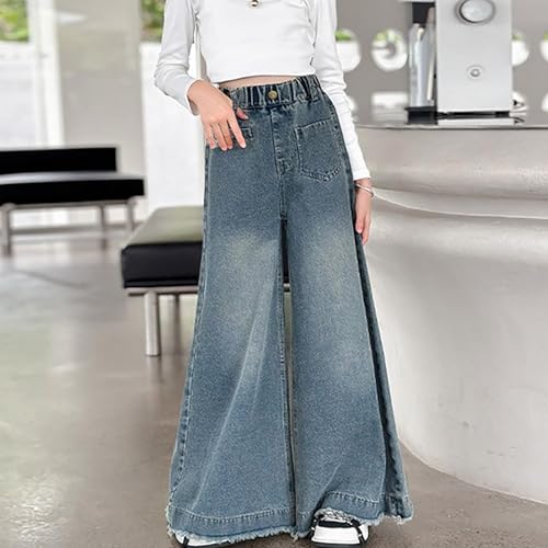 Girls Elastic Waist Wide Leg Jeans Vintage Washed Baggy Casual Floor Lenght Denim Pants with Pockets for 5-15Y2