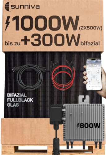 SUNNIVA® 1000W Balkonkraftwerk mit 800W Wechselrichter DEYE, BIFAZIAL FULLBLACK komplett...