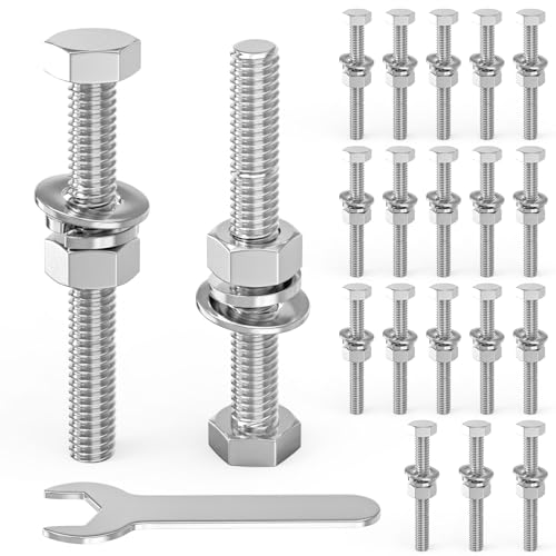 Image of 20PCS 3 /8-16 x 3-1 /2 inch 304 Stainless Steel Fully Threaded Bolt with Nut Flat & Lock Washers and Spanner