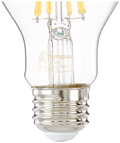 Image of Westinghouse 5136100 6.5 Watt (60 Watt Equivalent) A19 Dimmable Clear Filament LED Light Bulb, Medium Base, 2 Pack