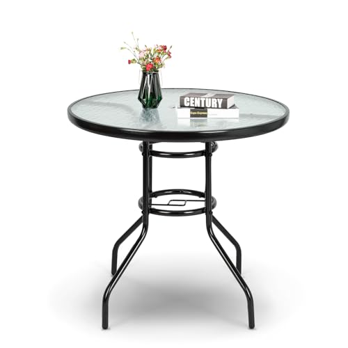 Image of VINGLI Round Patio Table with Umbrella Hole, 32 inch Outdoor Dining Table Steel Tempered Glass Patio Tables Round Outdoor Tables for Balcony Garden Deck