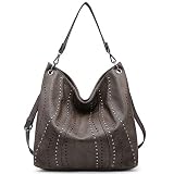 Ladies Large Hobo Shoulder Bag Bucket Handbag Purse for Women with Studs Vegan Leather (Bronze)