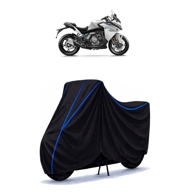 Image of CFMoto 650 GT Bike Cover Water Resistant Universal Motorcycle Rain | Heavy Duty UV Protection, Dust, Scratch Indoor Outdoor All Weather with Black Blue Piping Elastic