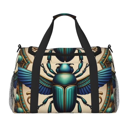 Egyptian Scarab Print Travel Duffle Bag - Foldable Personal Item Travel Bag for Women & Men,Carry-On Convertible Crossbody Tote Bags with Adjustable Shoulder Strap & Pockets 13x10.2x19.7 in