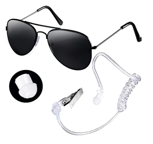 Men in Costume Black – Spy Costume Accessories Kit with Fake Earpiece and Sunglasses for Secret Agent, FBI, and Secret Service Cosplay – for Halloween, Bodyguard Costumes, and Fancy Dress Parties