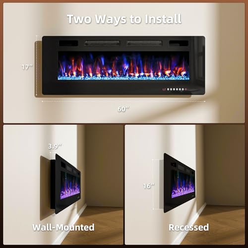 50 Ultra-Thin In-Wall Electric Fireplace Heater with Multi-Color Flames, Remote Control & Timer