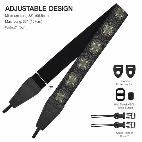 Image of Padwa Lifestyle Green Sun God Camera Strap - 2 inch Full Grain Leather Ends Camera Straps for Photographers, Vintage Embroidered Cotton Soft Suede Fabric Padded Strap Quick Release fits All Cameras