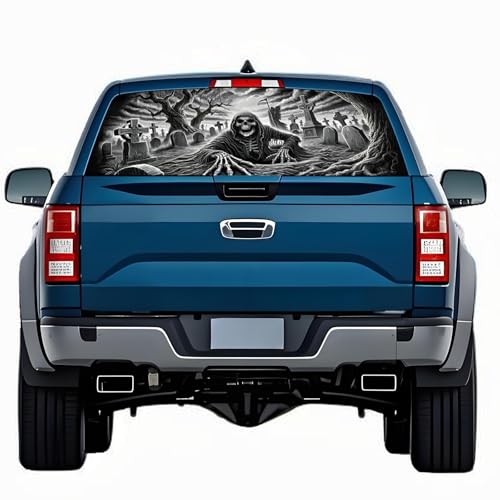Image of Rear Window Decals for Trucks - 65x17.3 in Back Window Decals Fit Most Pickup Trucks SUV, Vinyl American Skull Flag Back Window Decal for Car Personalized Decoration - Skull Decal-9-S