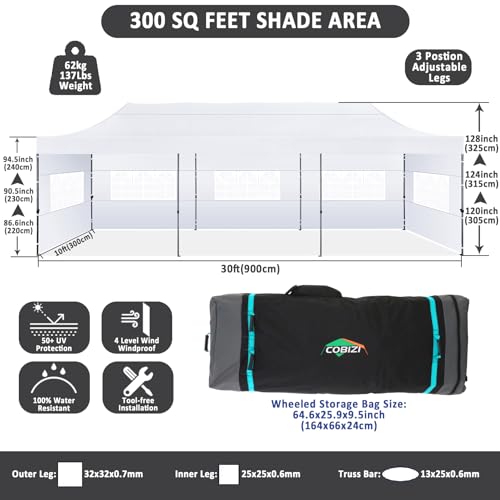 Image of COBIZI 10x30 Pop Up Canopy Tent,Heavy Duty Canopy(White with 8 Sidewalls)