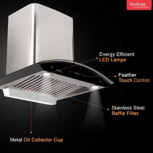 Image of Hindware Smart Appliances | Nevio 60 cm Chimney | 1200 CMH | Curved Glass | Auto Clean | Touch with Gesture Control | 10 Yrs Warranty on Motor & 2 Yrs on Product (1 Baffle Filter, Steel /Grey)