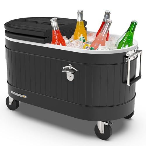 Permasteel 80-Qt Rolling Patio Cooler – Large Outdoor Ice Chest with Wheels, Beverage Cooler for Backyard, BBQ, Tailgate, Beach, Parties, Rustic Farmhouse Design, Black