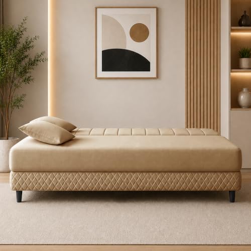 Image of Rosebell Modern 3 Seater Velvet Sofa Cum Bed with Cushion | Premium Upholstered Fabric | Tufted Backrest | Wooden Legs | Living Room Furniture | Golden