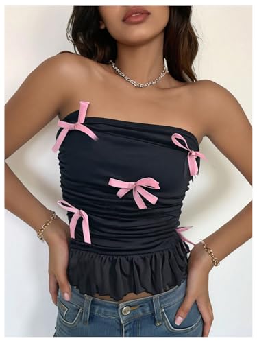 SweatyRocks Girl's Bow Ruffle Mesh Tube Tops Strapless Slim Fit Sleeveless Y2K Bandeau Top3