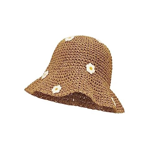 Women Straw Sun Hat Foldable Beach Hat Wide Brim Floppy Bucket Hat with Small Flower (Khaki-White Flower) Cover