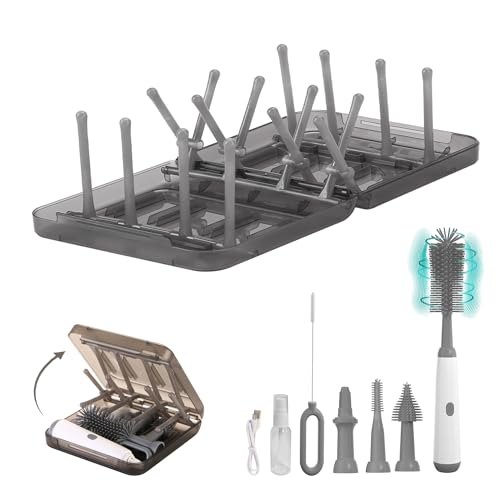 Image of Baby Bottle Brush Set,Travel Essential-6 in 1 Bottle Cleaner Kit with Silicone Bottle Brush,Nipple Cleaner Brush,Straw Brush,Soap Dispenser,Storage Box,Bottle Drying Rack,Ideal Gifts (Electric Gray)