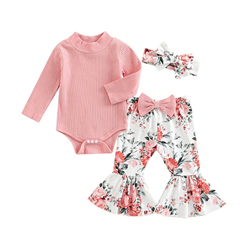 Image of Toddler Baby Girls Outfits Floral Print Bell Bottoms + Long Sleeve Ribbed Romper + Headband 3Pcs Sets (High Neck Pink & Floral, 3-6 Months)