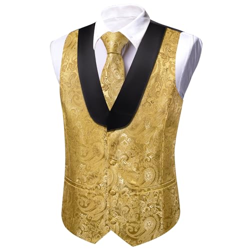 Barry.Wang Mens Paisley Vest Tie Set Silk Jacquard Flower Shawl Collar Suit Waistcoat Tuxedo 6PC Wedding Party3
