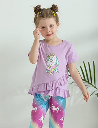Puseky Toddler Baby Girl Clothes 4-5T Bell Bottoms Outfit Unicorn Short Sleeve Ruffle Shirt Flared Pant Set Little Girls Summer Outfits Purple #TOP3
