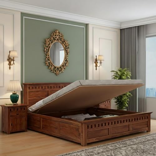 WOODLAB Sheesham Wood Kuber Queen Size Bed with Hydraulic Storage for Home and Living Room Wooden Double Bed Solid Wood Bedroom Furniture (Natural Fin