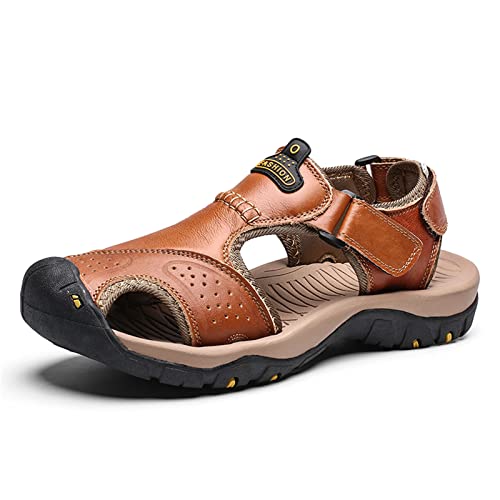Cmadolrs Men's outdoor walking sandals, leather sports sandals, men's lightweight casual beach shoes, open-toe water sandals