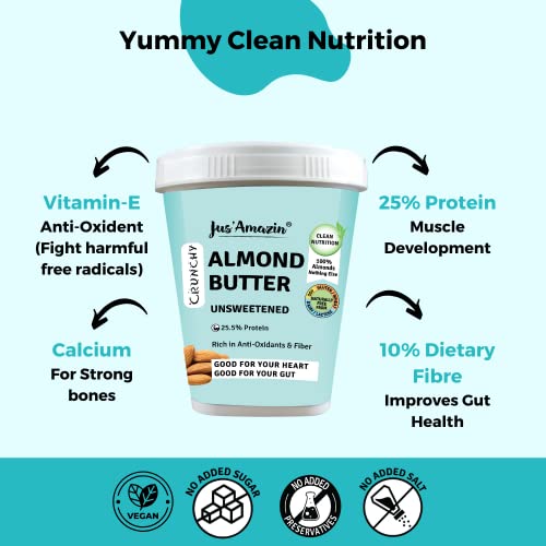 Image of Jus' Amazin Crunchy Almond Butter - Unsweetened (1 Kg Tub) | 25% Protein | Only Whole Almonds (100% Pure) | Zero Additives | 100% Natural | Dairy Free | Keto | Plant Based Nutrition | Clean Nutrition