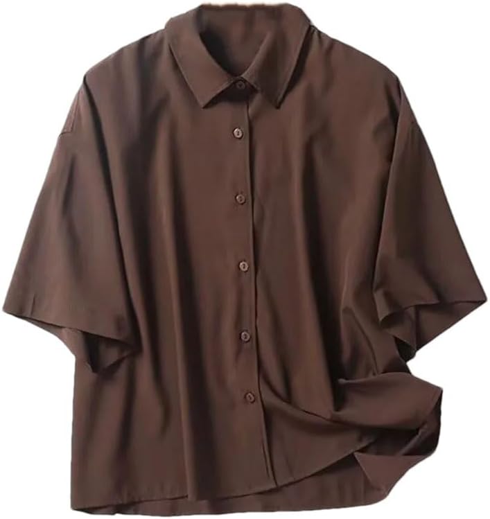 Women's Lapel Single Breasted Solid Color Loose Hem Shirt
