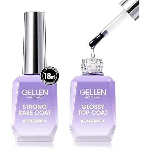 Gellen Gel Top Coat and Base Coat 2 Pcs 18ml Superior Base Coat Top Coat Set No Wipe Soak Off Ultra Glossy Top Coat Gel Nail Polish UV LED Clear Nail Polish Long Lasting for 28+ Days Cover