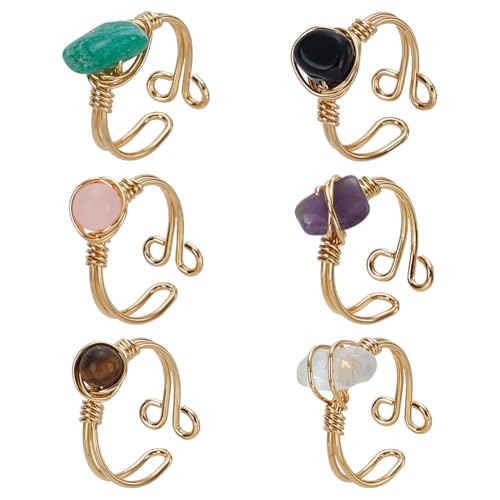 FINGERINSPIRE 6Pcs Adjustable Gold Wire Wrapped Rings Irregular C...