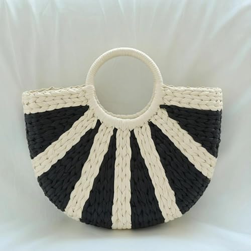 Bolso redondo retro de paja trenzada azul y beige miniatura 5
