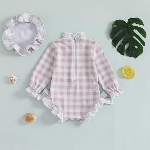 Toddler Baby Girl One Piece Swimsuit Checkered Print Long Sleeve One Piece Rash Guard Ruffle Swimsuit with Hat Set3