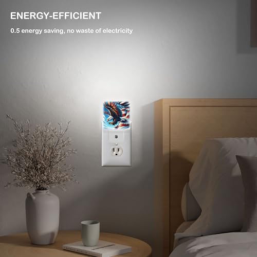 Image of LED Night Light Lamp with Smart Sensor Dusk to Dawn Sensor,Bald Eagle Soar American Flag Detailed Feathers Majestic and Powerful Clear Blue Sky Night Light Daylight White,0.5W Plug-into Wall