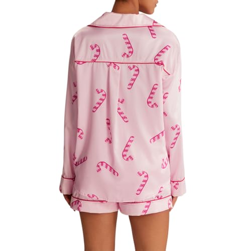 Luckinbaby Women Satin Christmas Pajamas Shorts Set Candycane 2 Piece Button Down Lounge Set Long Sleeve Shirt Shorts Sleepwear(Candy Pink,Small) - image 3
